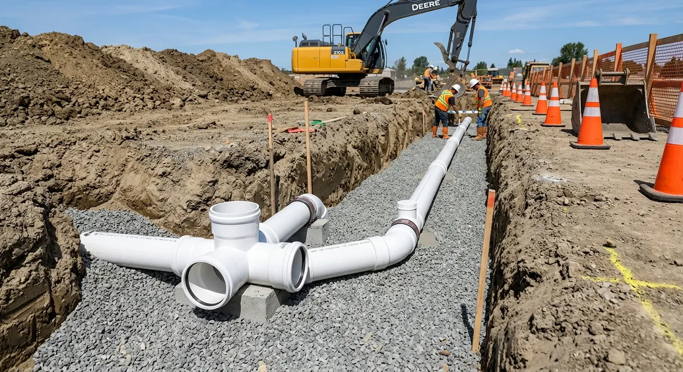 New PVC sewer pipe installation in open trench for Sewer Backup in Fleming Island