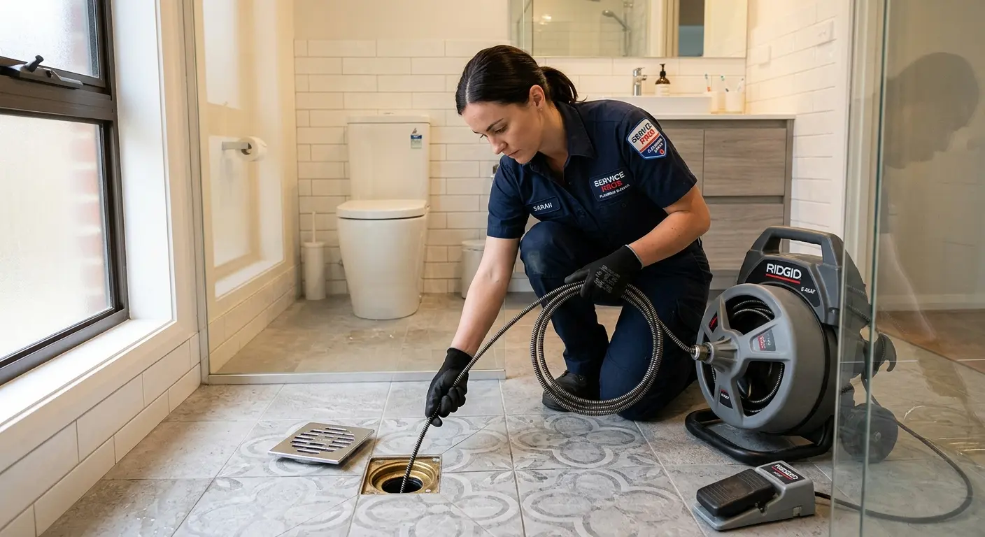 Technician clearing a bathroom floor drain for Sewer Line Replacement in Fleming Island
